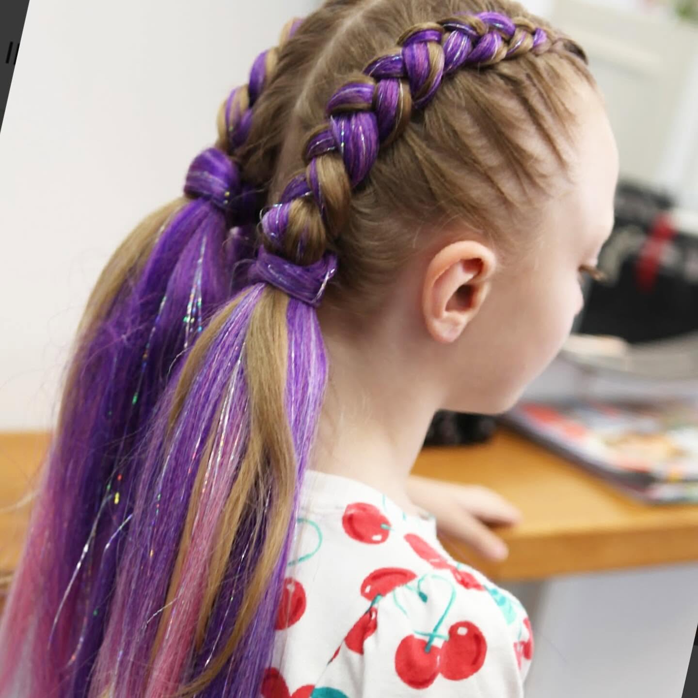 Purple festival braids with hair tinsel by Rosewood in Woonona